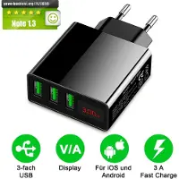 Eaxus USB Ladegerät 3A - 3 Port Handy Netzteil mit LCD-Display & Schnellladefunktion, Schwarz