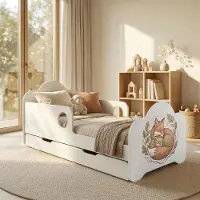 Happy Babies Kinderbett mit Rausfallschutz Junge 160x80 Bett für Kinderzimmer mit Schublade Matratze Einzelbett für Kinder Weiss, Füchse