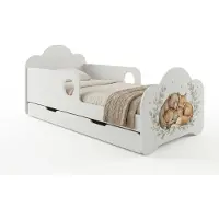 Happy Babies Kinderbett mit Rausfallschutz Junge 160x80 Bett für Kinderzimmer mit Schublade Matratze Einzelbett für Kinder Weiss, Aufkleber, Füchse