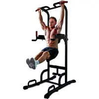 Markenlos 7in1 Power Tower PT300 als Dip Station und Kraftturm, multifunktionale Kraftstation für Zuhause mit Klimmzugstange, Liegestützgriffen und 4 Ösen für TRX, Seile und Schlingen, Sit-Ups, in schwarz