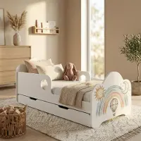 Happy Babies Kinderbett mit Rausfallschutz Junge 160x80 Bett für Kinderzimmer mit Schublade Matratze Einzelbett für Kinder Weiss, Aufkleber, Regenboge