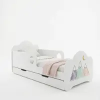 Happy Babies Łóżka Kinderbett mit Rausfallschutz Junge 160x80 Bett für Kinderzimmer mit Schublade Matratze Einzelbett für Kinder Weiss, bunte Aufklebe