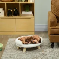 SUGIFT Haustierbett mit Plüschbezug, Katzenbett Hundebett abnehmbar waschbar, Tierbett oval, Cremeweiß | 47 x 40 x 20 cm | bis 5 kg | Kiefernholzbeine