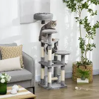SUGIFT Kratzbaum 132 cm mit Hängematte, 3 Plattformen, Kletterbaum Grau, Sisalfaser, Plüsch | 40 x 40 x 132 cm | 11 kg | 8 kg/Ebene