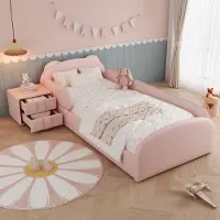STILVORA Polsterbett 90x200 cm mit Matratze Einzelbett mit Bären-Kopfteil und Nachttisch im gleichen, Kinderbett mit Anti-Kollisions-Schwammkante