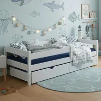 Meble Wróbel Kinderbett 90x180 cm mit 2 Schublade, Rausfallschutz und Lattenrost - Kinder Bett Montessori - Jugendbet aus Kiefer Massivholz in Weiß - Einzelbett ohne Matratze