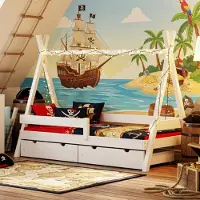 Meble Wróbel Kinderbett Tipi 90x200 cm in Weiß - Bett aus Kiefernholz mit 2 Schubladen & Rausfallschutz - Hausbett für Mädchen und Jungen - Abgerundete Kanten