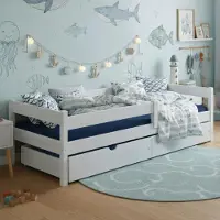 Meble Wróbel Kinderbett 90x200 cm mit 2 Schublade, Rausfallschutz und Lattenrost - Kinder Bett Montessori - Jugendbet aus Kiefer Massivholz in Weiß - Einzelbett ohne Matratze