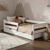 Meble Wróbel Kinderbett 90x200 cm mit Schublade, Rausfallschutz und Lattenrost - Kinder Bett Montessori - Jugendbet aus Kiefer Massivholz in Weiß - Einzelbett ohne Matratze