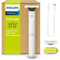 Philips OneBlade Intimate QP1924/30, Elektrorasierer & Intimtrimmer für Männer & Frauen, extra Hautschutz, 2×SkinProtect Klingen, 3 mm Aufsatz, Weiß