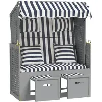 vidaXL Strandkorb mit Kissen Poly Rattan und Massivholz Blau & Weiß