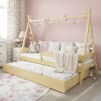 Meble Wróbel Kinderbett Tipi 90x190 cm Unlackiert - Bett aus Kiefernholz mit Auszugbett & Rausfallschutz - Hausbett für Mädchen und Jungen - Abgerundete Kanten