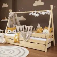 Meble Wróbel Kinderbett Tipi 80x180 cm - Bett aus Kiefernholz mit Schublade & Rausfallschutz - Hausbett für Mädchen und Jungen - Abgerundete Kanten