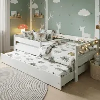 Meble Wróbel Kinderbett 90x180 cm mit Auszugbett, Rausfallschutz & Lattenrost - Kinder Bett Montessori - Jugendbet aus Kiefer Massivholz in Weiß - Einzelbett ohne Matratze