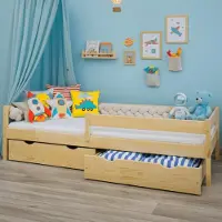 Meble Wróbel Kinderbett 90x190 cm mit 2 Schublade, Rausfallschutz und Lattenrost - Kinder Bett Montessori - Jugendbet aus Kiefer Massivholz - Einzelbett ohne Matratze