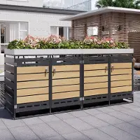 OKWISH Outdoor-Aufbewahrungsbox Gartenmülleimer mit Pflanzkasten Aufbewahrungsschrank mit Schloss und vierflügelige Tür ganzer eiserner Garten horizontale Holzoptik Schwarz