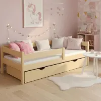 Meble Wróbel Kinderbett 80x160 cm mit Schublade, Rausfallschutz und Lattenrost - Kinder Bett Montessori - Jugendbet aus Kiefer Massivholz Unlackiert - Einzelbett ohne Matratze