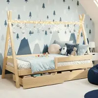 Meble Wróbel Kinderbett Tipi 90x190 cm Unlackiert - Bett aus Kiefernholz mit 2 Schubladen & Rausfallschutz - Hausbett für Mädchen und Jungen - Abgerundete Kanten