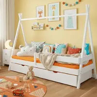 Meble Wróbel Kinderbett Tipi 90x180 cm in Weiß - Bett aus Kiefernholz mit Schublade & Rausfallschutz - Hausbett für Mädchen und Jungen - Abgerundete Kanten