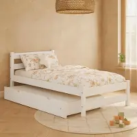 Meble Wróbel Kinderbett 80x160 cm mit Auszugbett und Lattenrost - Einzelbett aus Kiefer Massivholz - Kinder Bett Montessori - Jugendbett in Weiß - ohne Matratze