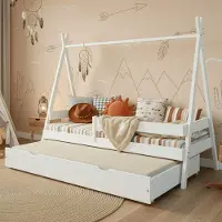 Meble Wróbel Kinderbett Tipi 90x190 cm in Weiß - Bett aus Kiefernholz mit Auszugbett & Rausfallschutz - Hausbett für Mädchen und Jungen - Abgerundete Kanten