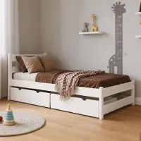 Meble Wróbel Kinderbett 80x180 cm mit 2 Schubladen und Lattenrost - Einzelbett aus Kiefer Massivholz - Kinder Bett Montessori - Jugendbett in Weiß - ohne Matratze