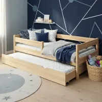 Meble Wróbel Kinderbett 80x190 cm mit Auszugbett, Rausfallschutz & Lattenrost - Kinder Bett Montessori - Jugendbet aus Kiefer Massivholz Unlackiert - Einzelbett ohne Matratze