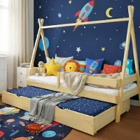 Meble Wróbel Kinderbett Tipi 90x190 cm - Bett aus Kiefernholz mit Auszugbett & Rausfallschutz - Hausbett für Mädchen und Jungen - Abgerundete Kanten