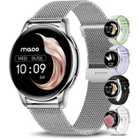 Maoo Ventura Smartwatch Damen mit Anruffunktion, 1,32-Zoll-AMOLED-Display, Herzfrequenzmesser, SPO?, Blutdruckmesser, 100+ Sportmodi, IP67 wasserdicht, inklusive 5 Armbänder (Silber)