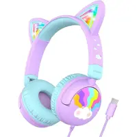 IClever Kinder Kopfhörer mit LED Katzenohren, 85dBA sichere Lautstärke, Stereo Sound, Faltbar, 3,5mm Kabel, bequem & tragbar, für iPad, Tablets, Schule,Reisen