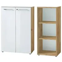 KADIMA DESIGN BÜRO-SET MUENCHEN 2-teilig | Kommode x Regal | Glas Front & Abschließbar | Chalet-Eiche-Nb./Weiß