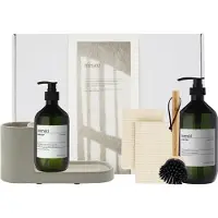 Meraki - Gift Box with Grey Holder, Nature Brush, Anti-Odour Hand Soap, Forest Garden Dish Wash - White - 490 ml - 1000 ml