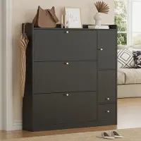 OKWISH Schuhschrank aus Spanplatte Schwarz 119x24x122 cm mit 3 Klappschubladen, Ablagen und herunterklappbarer Sitzbank