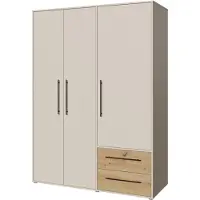 Forte MOKKARIS Kleiderschrank 140 150, moderner Drehtürenschrank, 3-türig, 2 Schubladen, Holzwerkstoff, Kaschmir Beige mit Artisan Eiche Holzdekor, 144,4 cm breit x 200,1 cm hoch x 58,8 cm tief