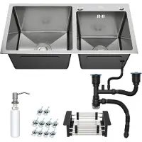 ANW Home Küchenspüle 78x43 cm Doppelbecken Edelstahl 304 Nano Topmount Spülbecken mit Siphon Seifenspender Abtropfkorb Silber