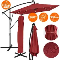 ML-Design Ampelschirm Ø330cm mit LED Solar Rot Alu Sonnenschirm mit Kurbel Abdeckung & Ständer Sonnenschutz & wasserabweisend drehbar & neigbar