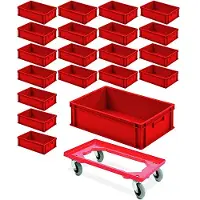 BRB-Lagertechnik 20x Eurobehälter mit 2 Griffleisten, 600x400x175 mm, rot PLUS GRATIS Transportroller mit Flüsterrollen