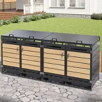 OKWISH Outdoor-Aufbewahrungsbox Gartenmülleimer mit hydraulischem Deckel Aufbewahrungsschrank mit Schloss und vierflügelige Tür horizontale Holzoptik für den Außenbereich geeignet Schwarz