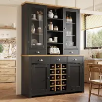 OKWISH Küchenschrank Stauraumschrank mit 5 Schubladen und Glastür Hochschrank Modern Aufbewahrungsschrank mit herausnehmbares Weinregal Weinschrank mit Metallgriffen Kippschutz Schwarz