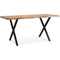Wohnling Schreibtisch 180x90x76 cm Akazie Massivholz / Metall Computertisch Baumkante Homeoffice Bürotisch Massiv mit X-Beinen in Schwarz Holztisch