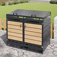 OKWISH Outdoor-Aufbewahrungsbox Gartenmülleimer mit hydraulischem Deckel Aufbewahrungsschrank mit Schloss und Doppeltür horizontale Holzoptik für den Außenbereich geeignet Schwarz