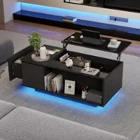 STILVORA Höhenverstellbarer Couchtisch mit Verstecktem Stauraum,Sofatisch mit LED-Licht und Schublade,Beistelltisch aus PB,Schwarz