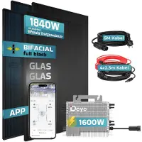 SUNNIVA 1840W Balkonkraftwerk BIFAZIAL FULLBLACK komplett Steckdose DEYE 1600W Wechselrichter, PV Solaranlage, 5m Kabel, Bluetooth WIFI