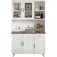 OKWISH Hochschrank 114x40x190cm Wohnzimmer Vitrine mit 5 Türen 1 Schublade und Glastüren Stauraum Schrank Landhausstil Weiß+Braun