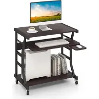 Costway Schreibtisch mit Rollen, Tastaturablage, platzsparender Computertisch PC-Tisch mit Ablagefläche unten und Haken, industrieller Laptoptisch für das Heimbüro, vintagebraun