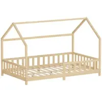 ML-Design Kinderbett 120x200cm mit Rausfallschutz, Dach & Lattenrost Natur Montessori Bodenbett aus massivem Kiefernholz Hausbett für Mädchen & Jungen