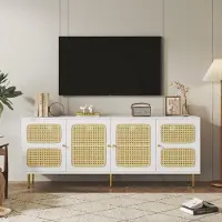 Famanu TV-Schrank Elegantes Weiß Rattan - 180x40x72cm - mit 4 Rattan-Türen - höhenverstellbare Regale - Kabelmanagement - für Fernseher bis 80 Zoll