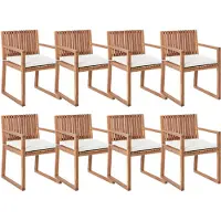 Beliani Gartenstuhl 8er Set Hellbraun es Akazienholz Lamellen-Optik mit Sitzkissen Cremeweiß UV-beständig Rustikal Holzstuhl