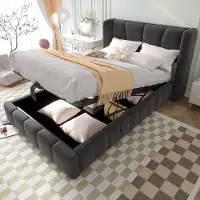SUCCESS COURIER Polsterbett 90x200cm Kinderbett mit Pneumatischem Stauraumsystem Jugendbett mit Lattenrost und Ohrenkopfteil Stabiler Metallrahmen Leinenbezug Grau
