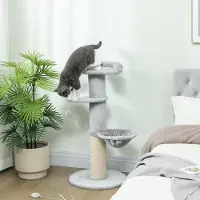 SUCCESS COURIER Premium Katzenkratzbaum aus Polyester mit Sisalpfosten, 3 Ebenen & Hängematte – 48x48x103,5 cm, Hellgrau